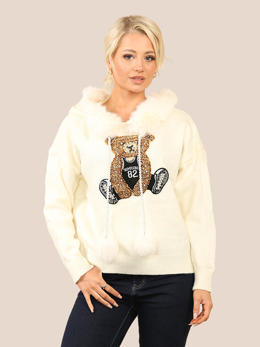 Crystal Teddy Appliqué Wool Knit Hoodie