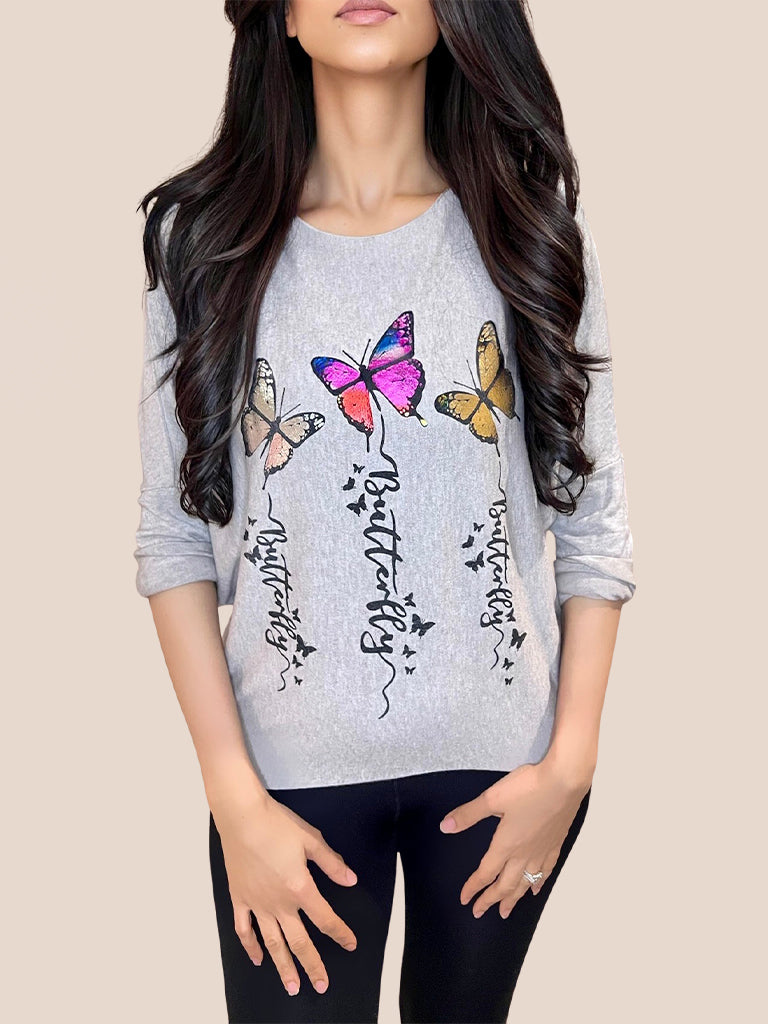 Butterfly Foil Print Knit Top