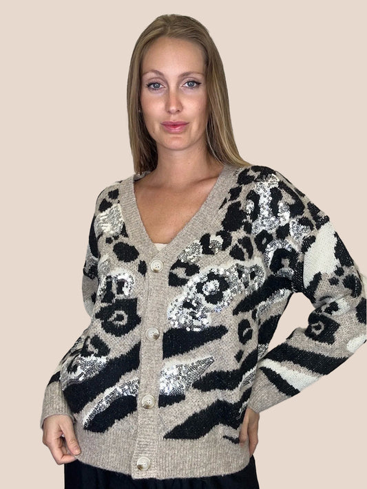 Animal Print Sequin Wool Blend Cardigan