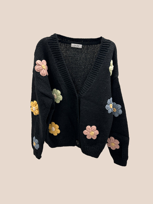 Flower Appliqué Chunky Knit Cardigan