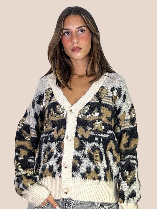 Animal Print Sequin Detail Cardigan