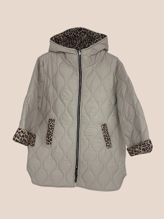 Quilted Long Animal Print Lined Coat