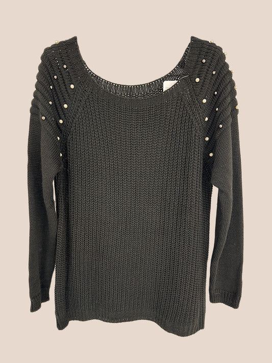 Pearl Shoulder Detail Wool Knit Jumper