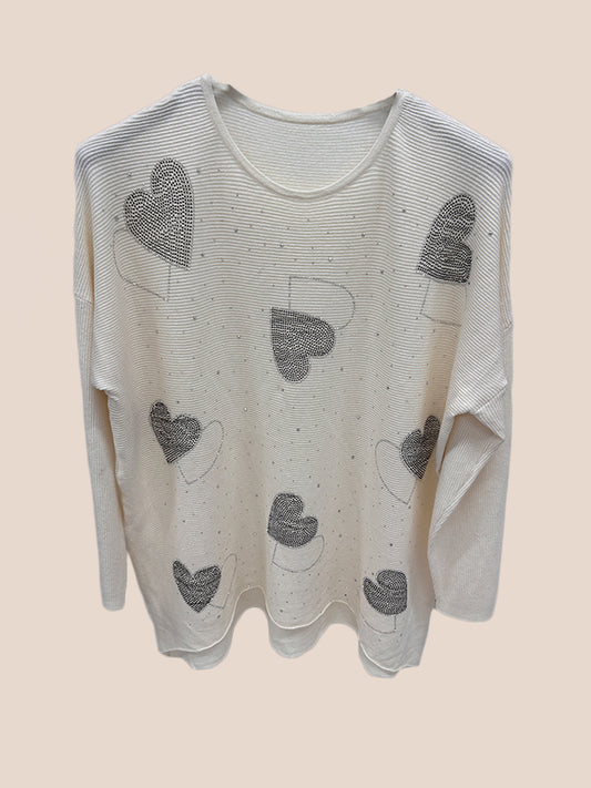 Crystal Heart Embellished Ribbed Knit Top