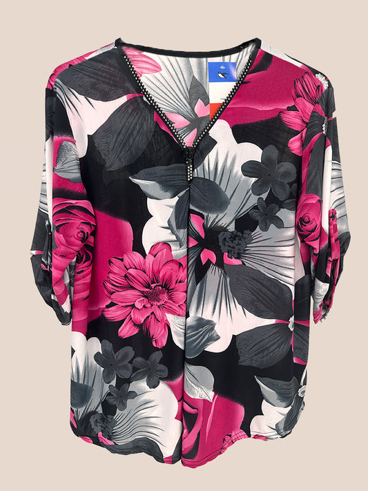 Floral Print Diamonte Zip Neck Top