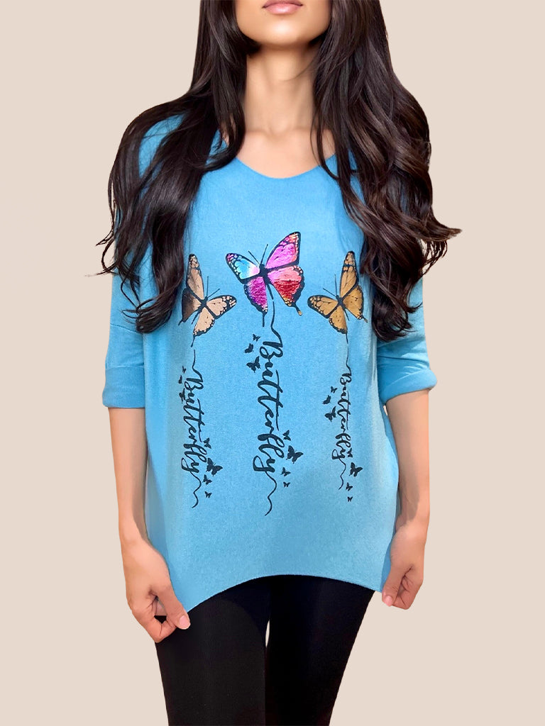 Butterfly Foil Print Knit Top