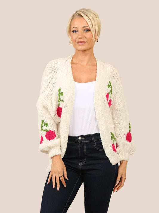 Cherry Print Wool Blend Knit Cardigan