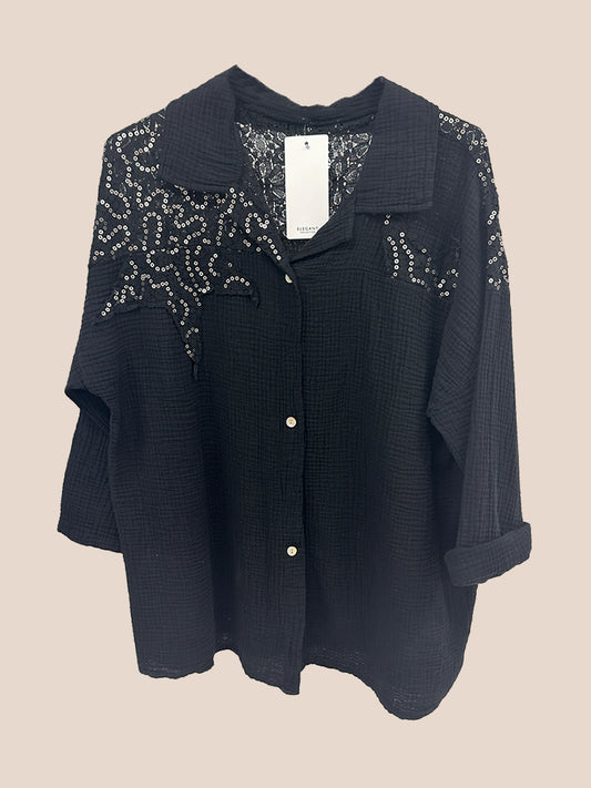 Sequin Lace Cheesecloth Oversized Shirt