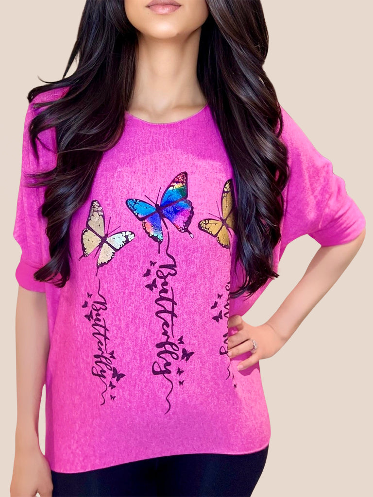 Butterfly Foil Print Knit Top