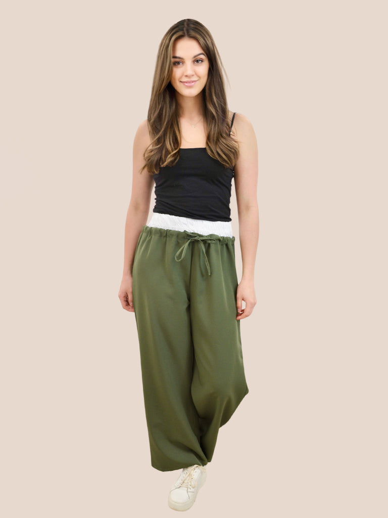 Elasticated Contrast Waist Wide Leg Trouser