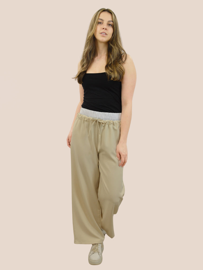 Elasticated Contrast Waist Wide Leg Trouser