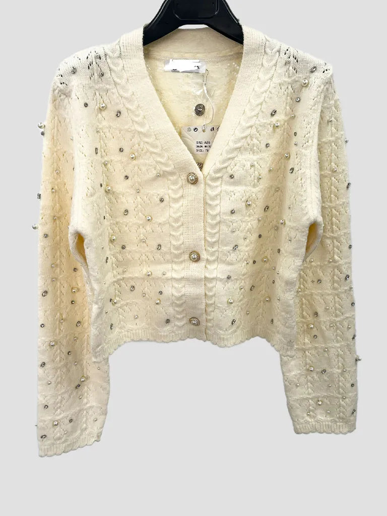 Pearl and Rhinestone Embellished Luxe  Cardigan