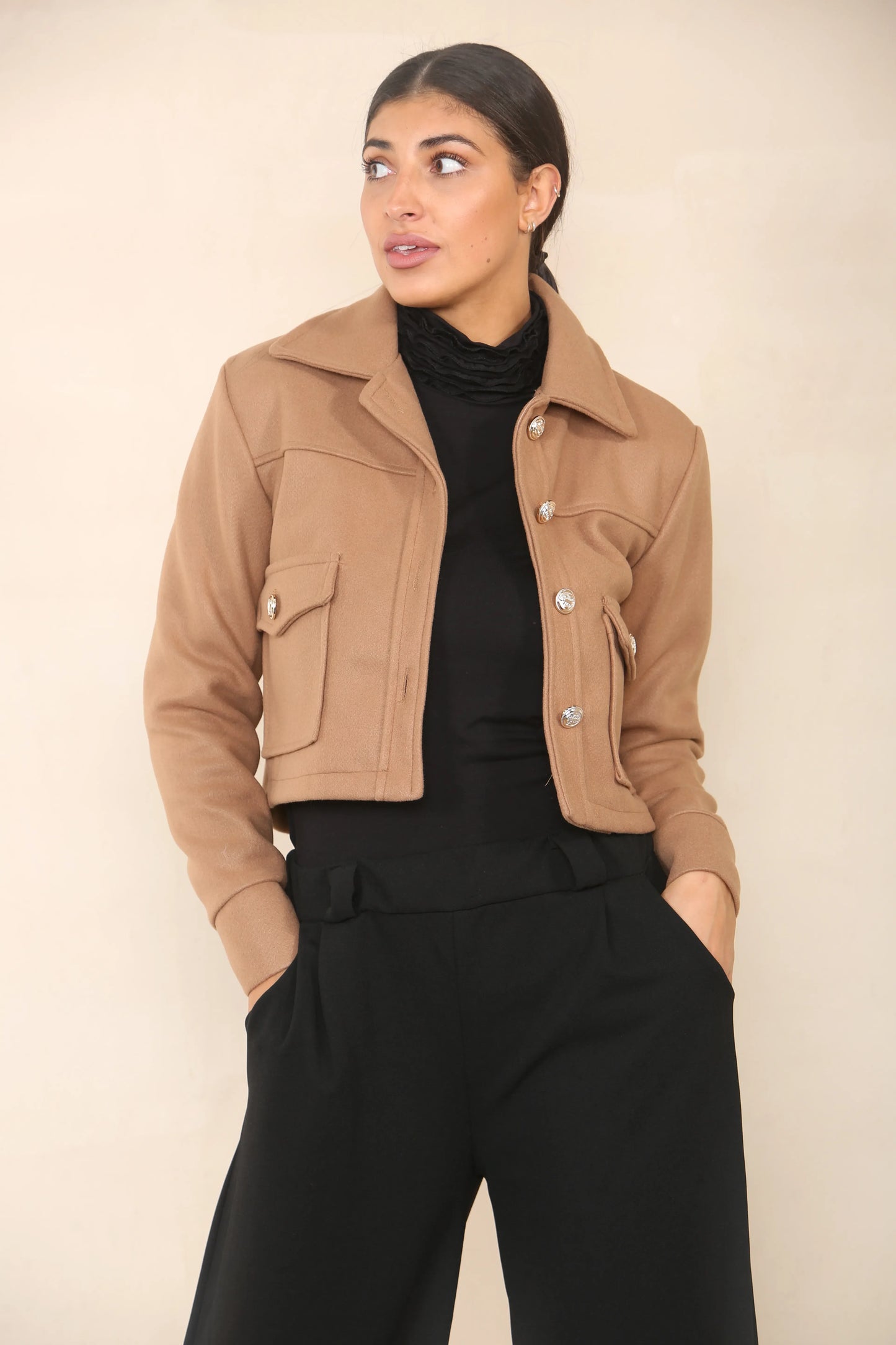 Camel crop collar buttoned ip jacket.  whoelsale only for fashion boutiques.