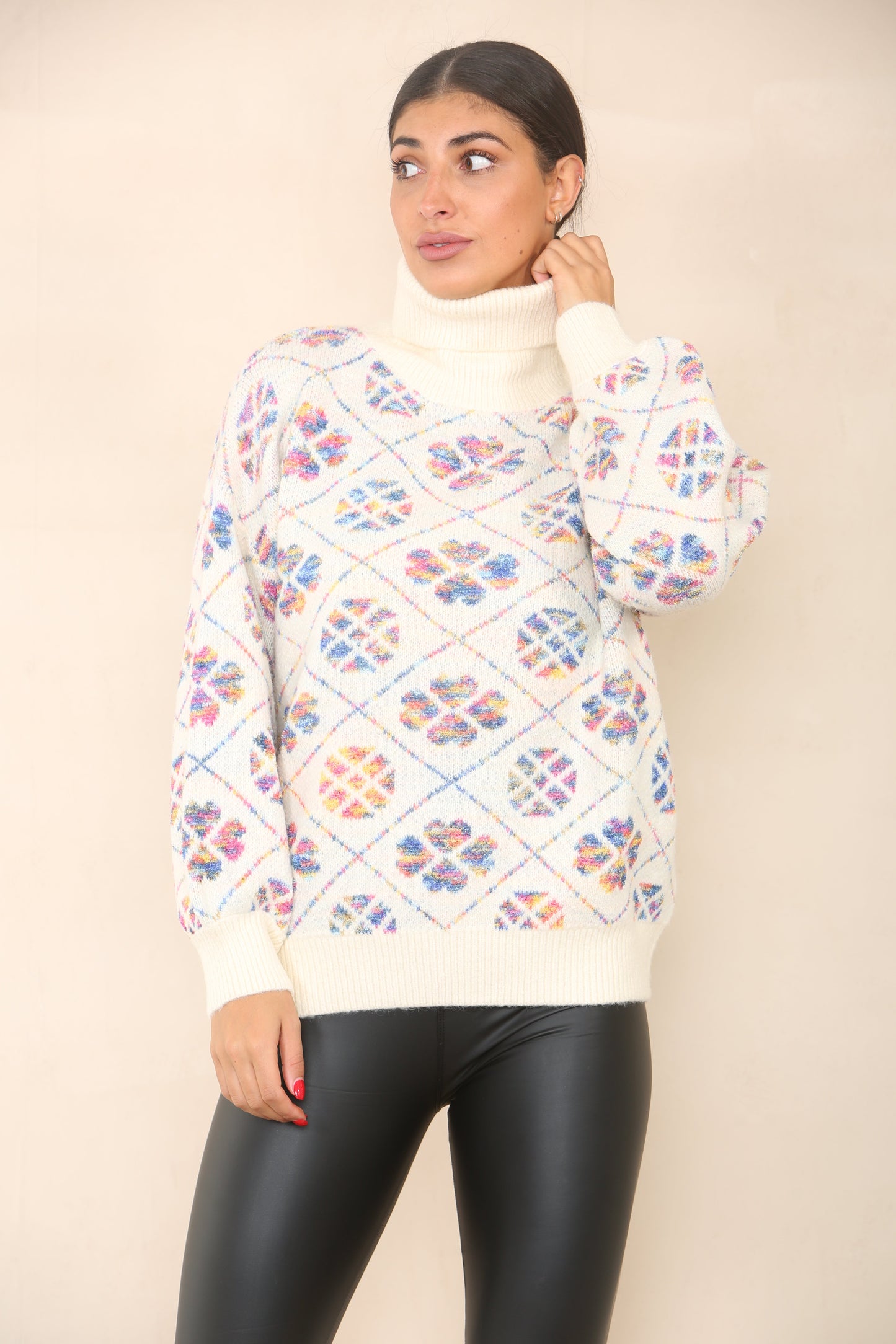 White Autumn White Christmas Jumper.  Roll neck clover print christmas jumper sweater.  Chunky knit for wholesale women fashion clothing for boutique shops.  Cosy on cold nights as season gets cold  No minimum order